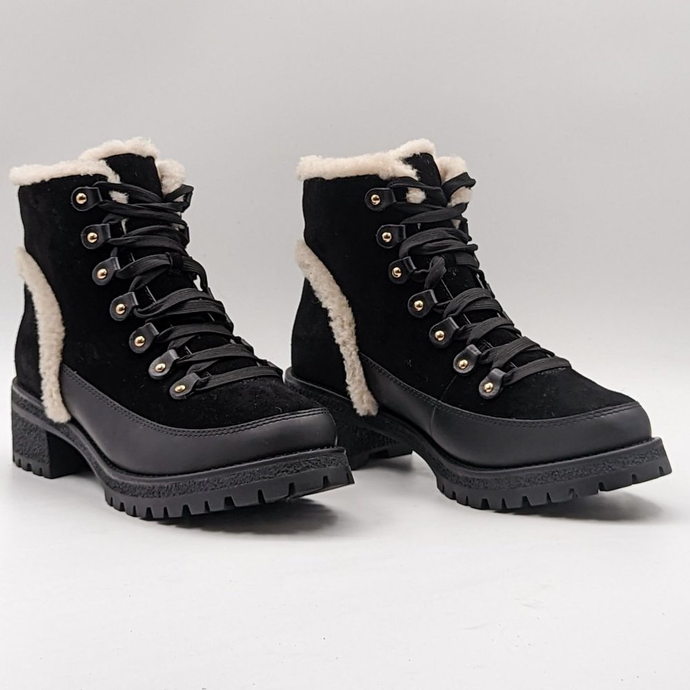 Tory Burch Women Cooper Suede Shearling Lined Lace-up Black Combat Boots size 10